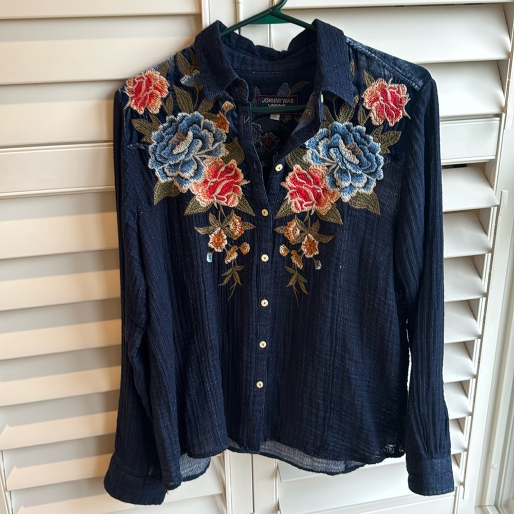 Johnny Was Workshop Button Down Blue Blouse - image 1